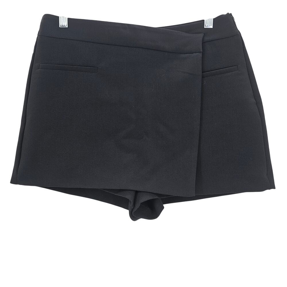 Zara Womans size L Asymmetrical Cross Front Faux Wrap Side Zip Mini Skort Black